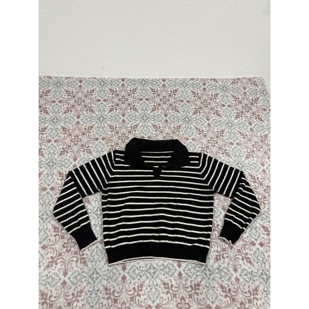 Black White Striped Polo Collar Knit Sweater Long Sleeve V-Neck Pullover Top